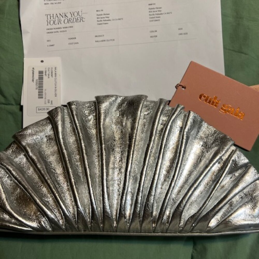 Almost New Cult Gaia Leather Nala Mini Clutch in Metallic Silver